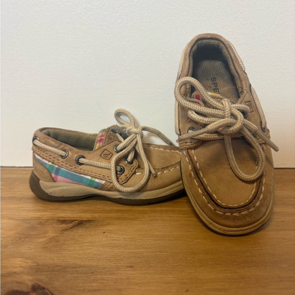 Sperry Kids Tan Moccasins with Plaid Accent